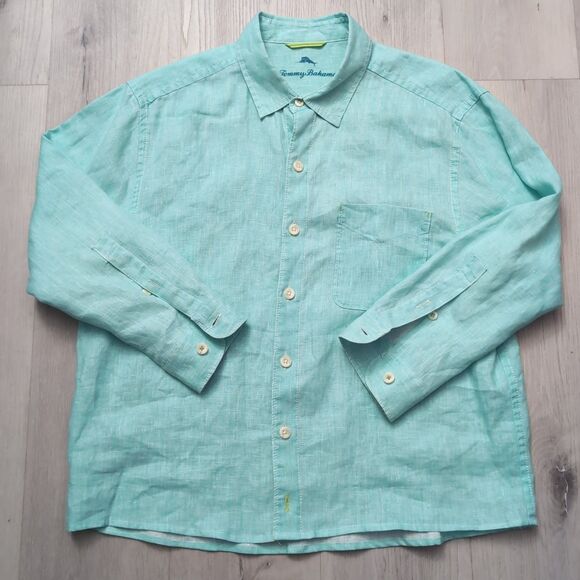 Tommy Bahama Shirt Mens M cfoamblu Medium Shortened 100% Linen LongSleeve Button - Picture 1 of 4